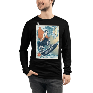 Samurai Surfing Water Sport Ukiyo-e Unisex Long Sleeve Tee - Black / XS