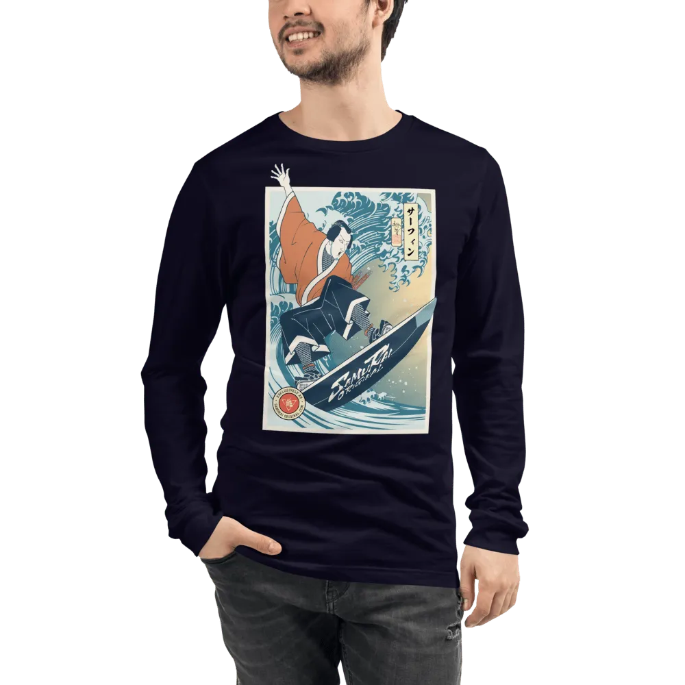 Samurai Surfing Water Sport Ukiyo-e Unisex Long Sleeve Tee - Navy / XS