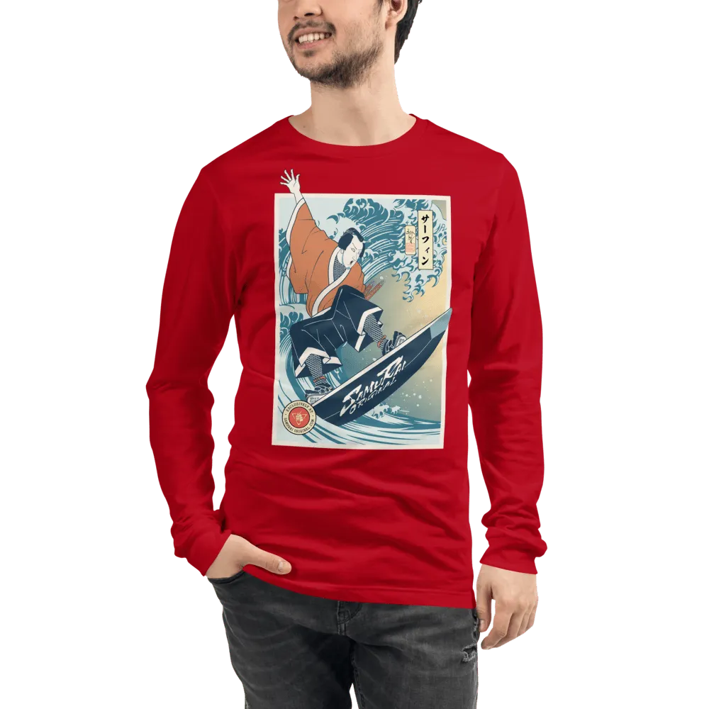 Samurai Surfing Water Sport Ukiyo-e Unisex Long Sleeve Tee - Red / XS