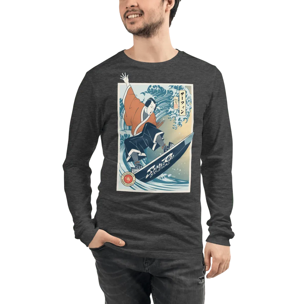 Samurai Surfing Water Sport Ukiyo-e Unisex Long Sleeve Tee - Dark Grey Heather / XS