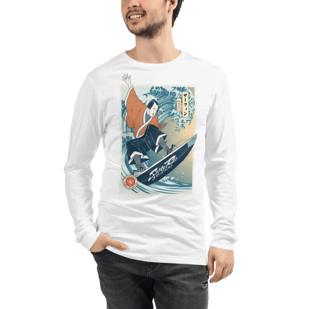 Samurai Surfing Water Sport Ukiyo-e Unisex Long Sleeve Tee - White / XS