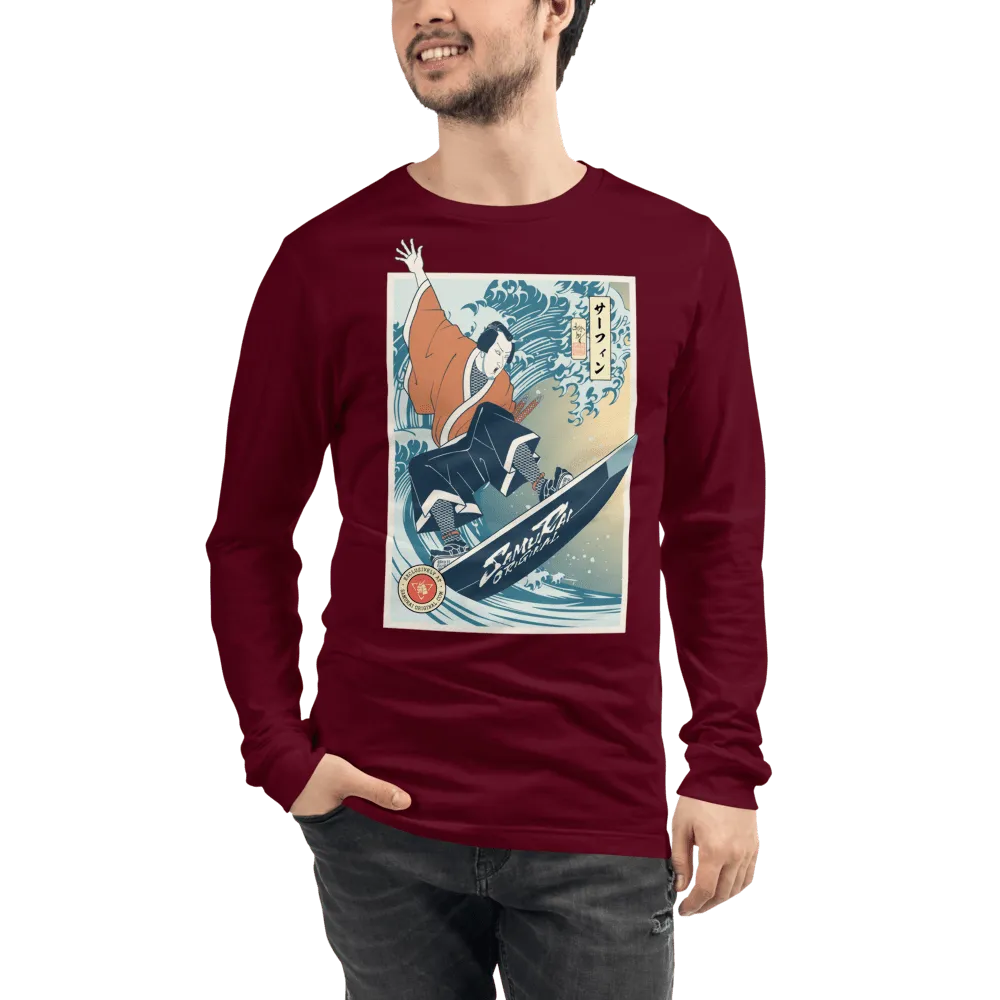 Samurai Surfing Water Sport Ukiyo-e Unisex Long Sleeve Tee - Maroon / XS