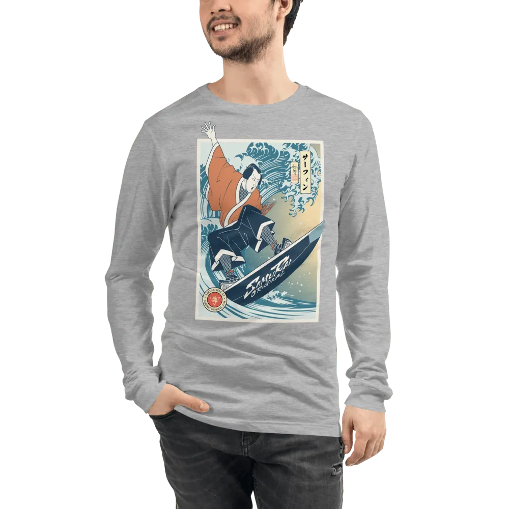 Samurai Surfing Water Sport Ukiyo-e Unisex Long Sleeve Tee - Athletic Heather / XS