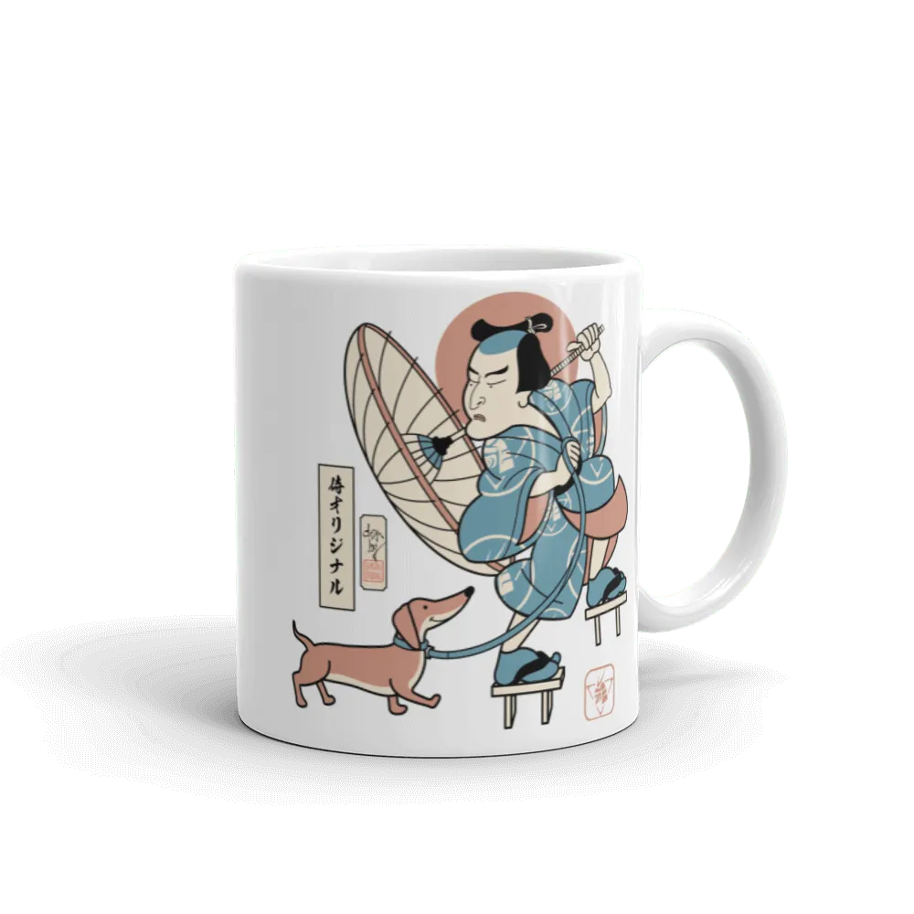 Samurai & Dachshund Walking Funny Japanese Ukiyo-e White Glossy Mug - Samurai Original