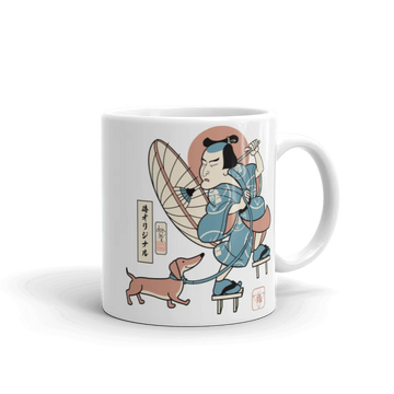 Samurai & Dachshund Walking Funny Japanese Ukiyo-e White Glossy Mug - Samurai Original