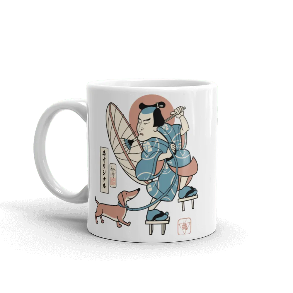 Samurai & Dachshund Walking Funny Japanese Ukiyo-e White Glossy Mug - Samurai Original