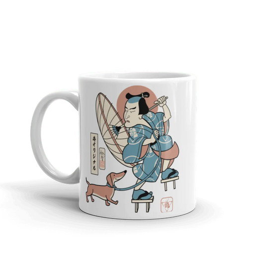 Samurai & Dachshund Walking Funny Japanese Ukiyo-e White Glossy Mug - Samurai Original