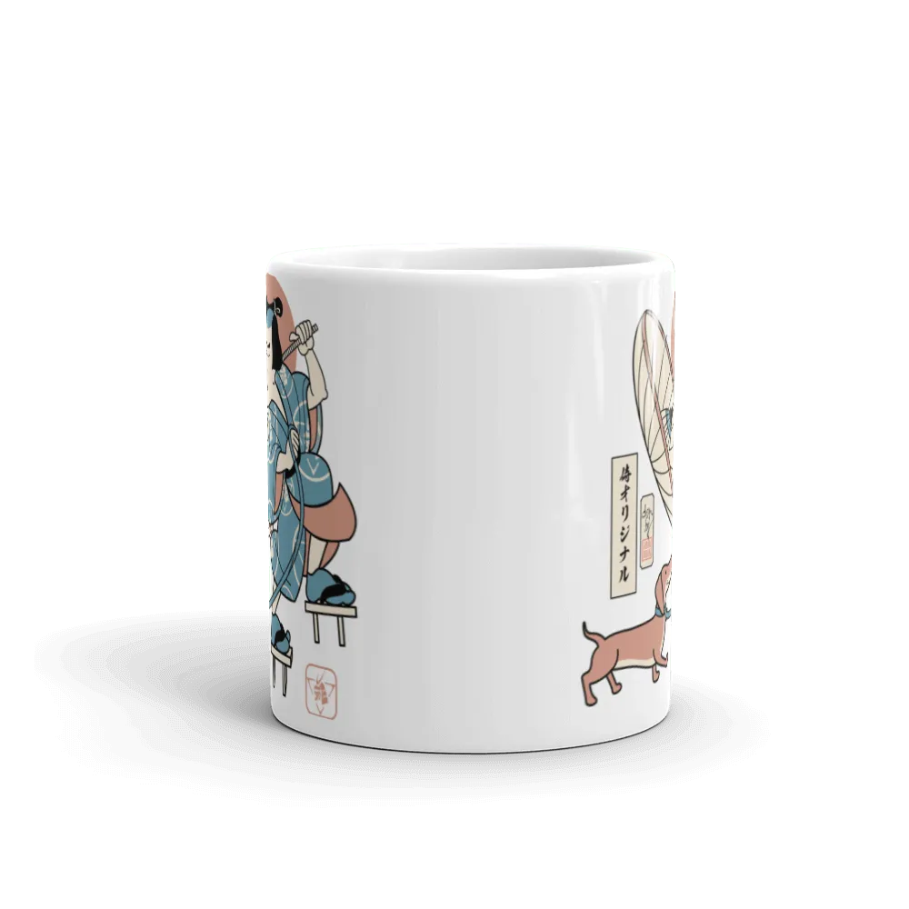 Samurai & Dachshund Walking Funny Japanese Ukiyo-e White Glossy Mug - Samurai Original