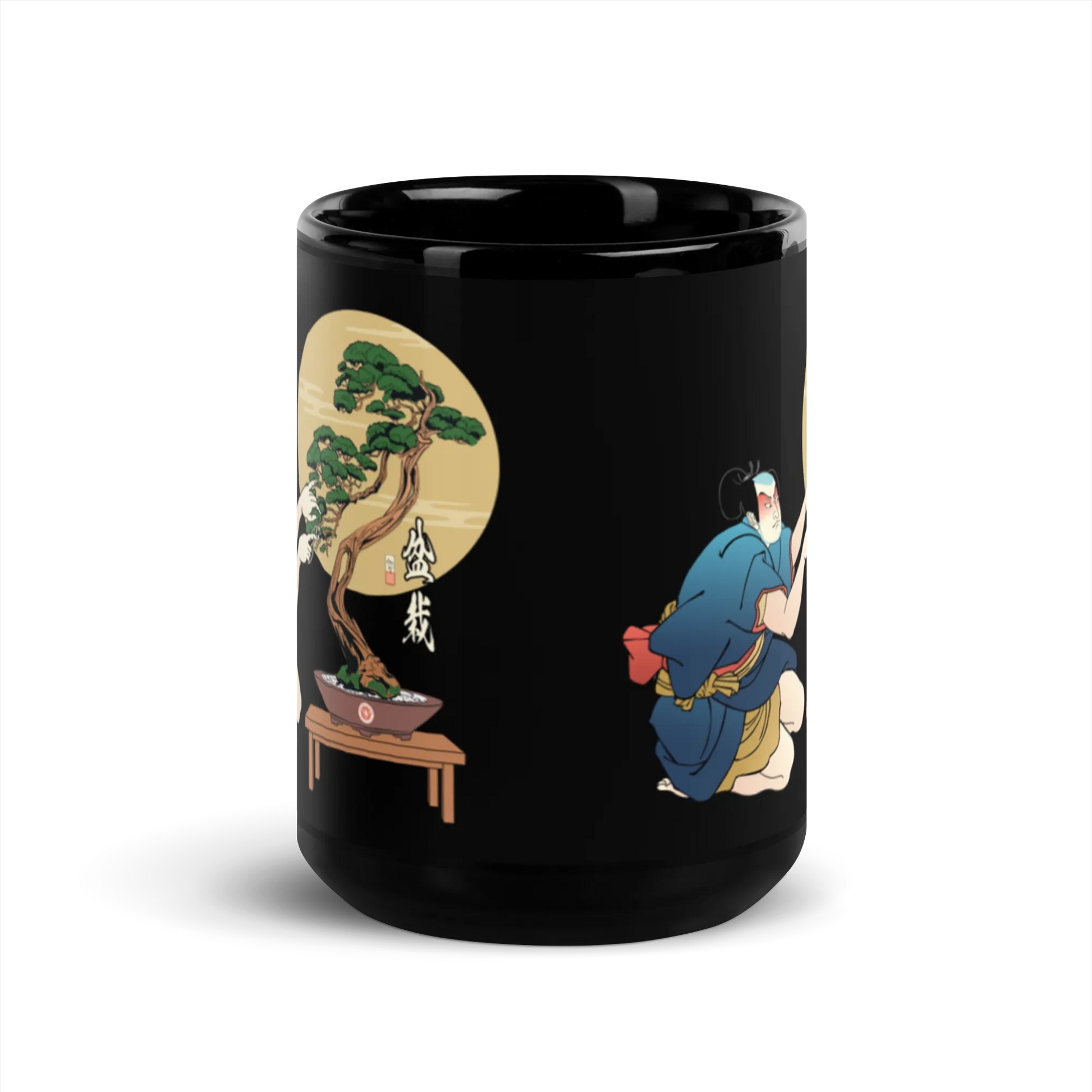 Samurai and Bonsai Tree Japanese Ukiyo-e Black Glossy Mug 2 - Samurai Original