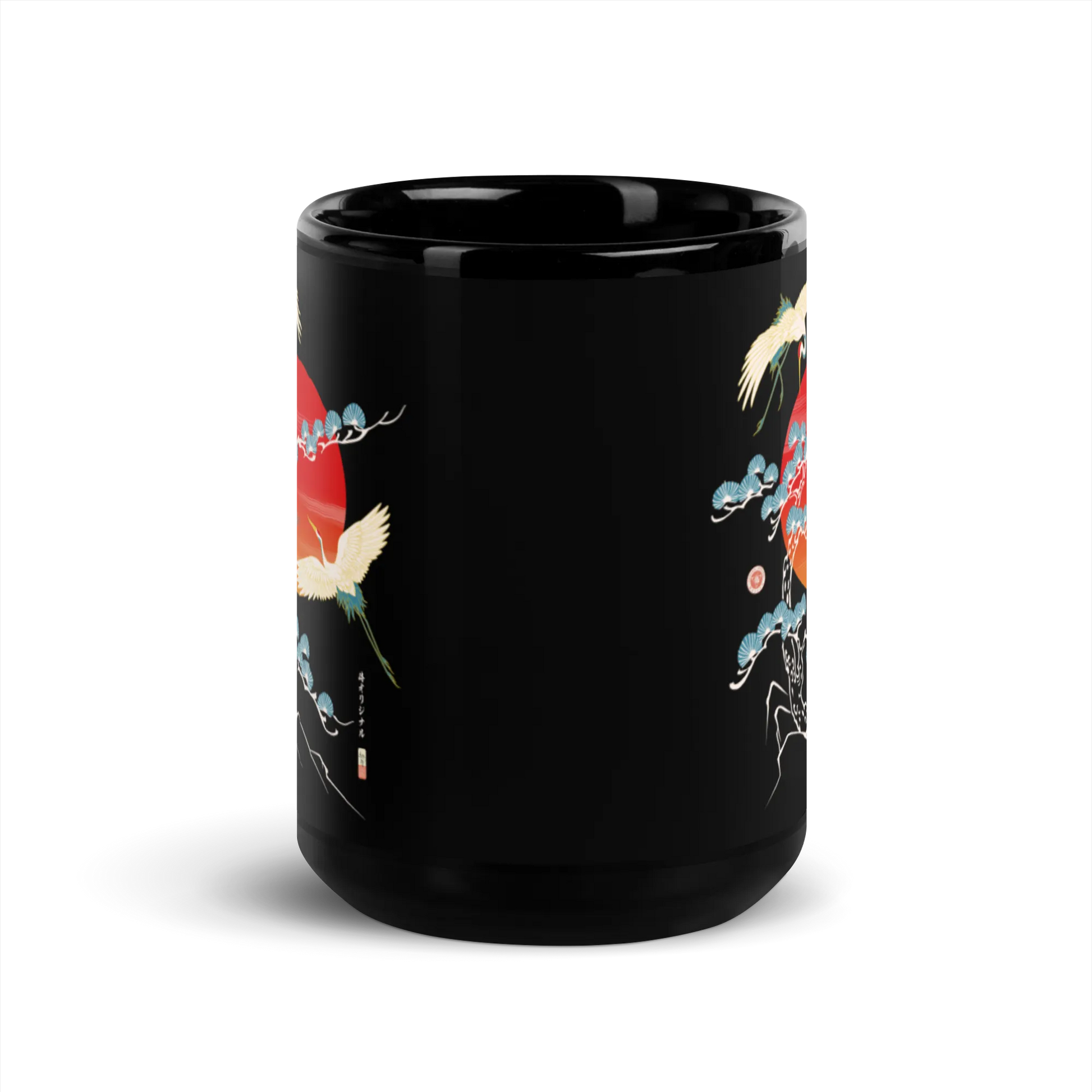 Crane Bird Japanese Ukiyo-e Black Glossy Mug -