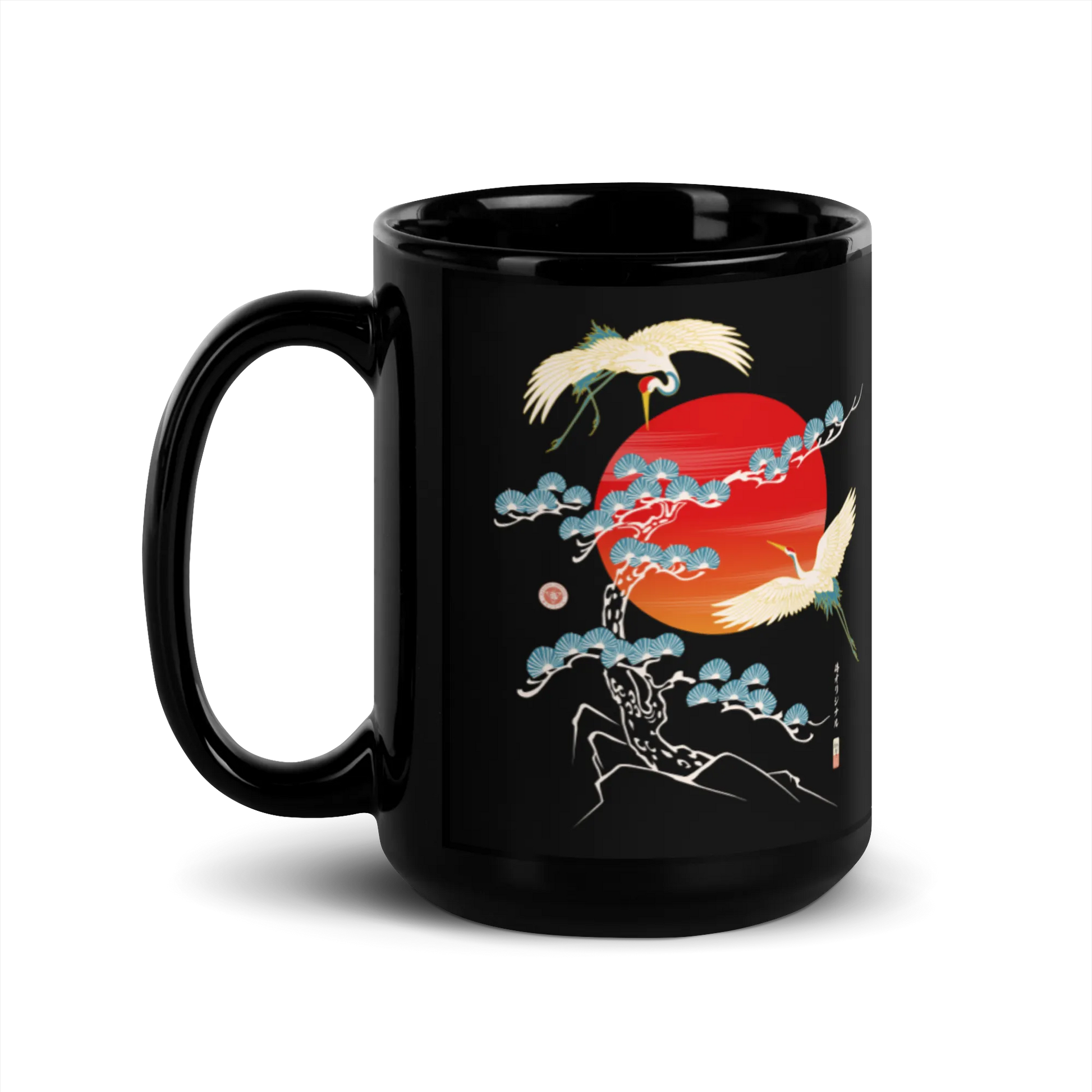 Crane Bird Japanese Ukiyo-e Black Glossy Mug - Default Title