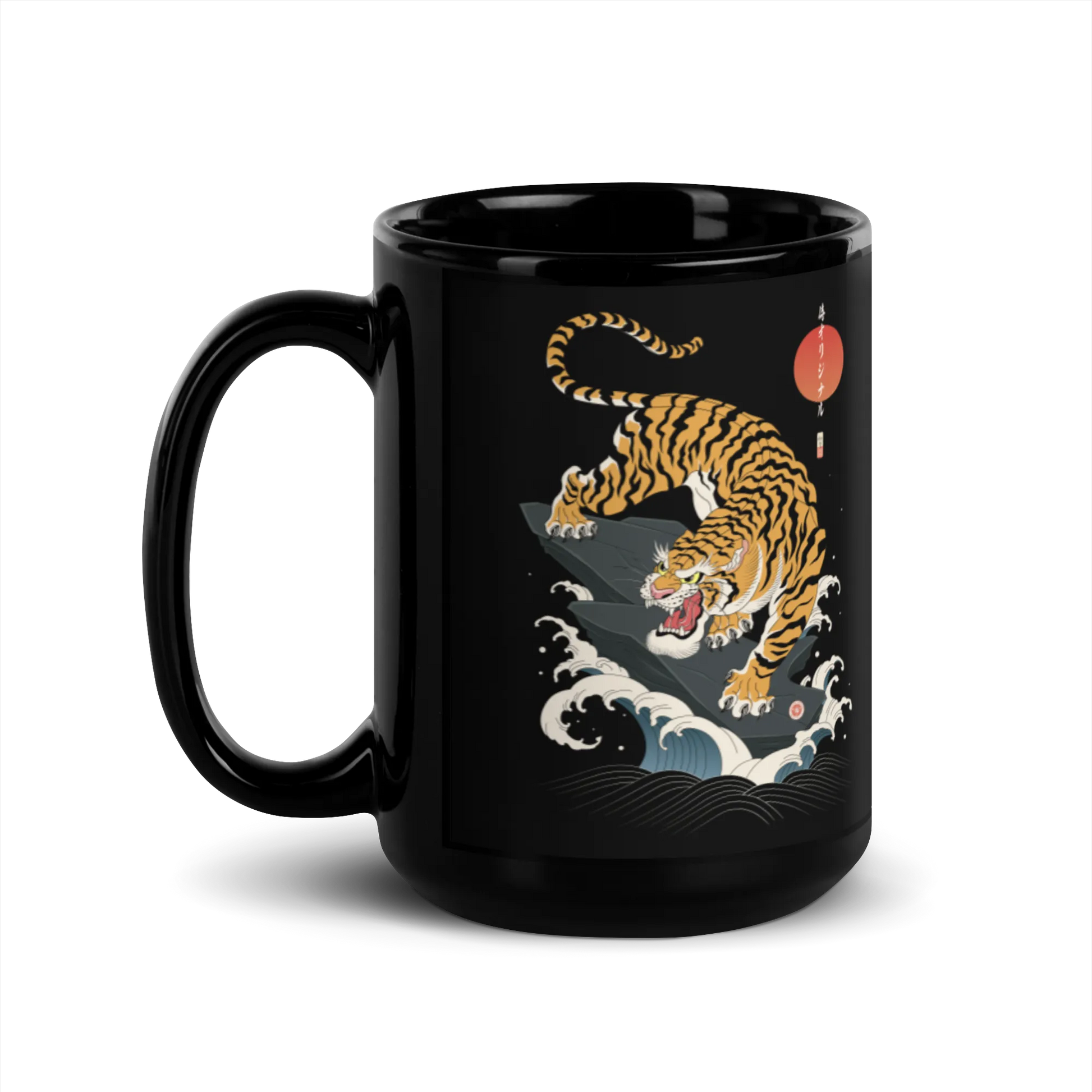 Tiger Japanese Ukiyo-e Black Glossy Mug - Samurai Original