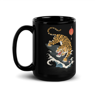 Tiger Japanese Ukiyo-e Black Glossy Mug - Samurai Original