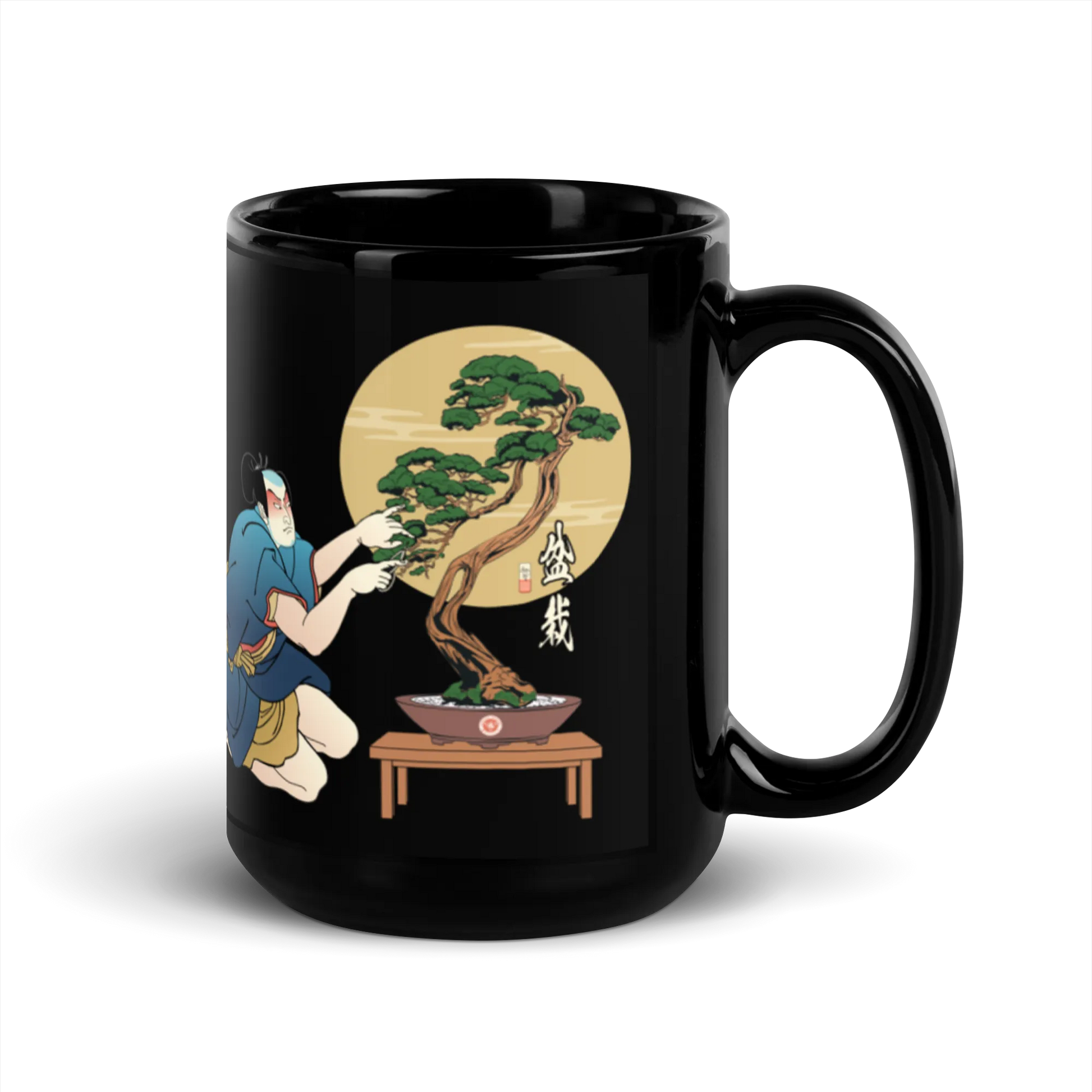 Samurai and Bonsai Tree Japanese Ukiyo-e Black Glossy Mug 2 - Samurai Original