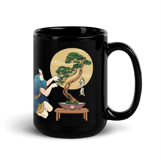 Samurai and Bonsai Tree Japanese Ukiyo-e Black Glossy Mug 2 - Samurai Original