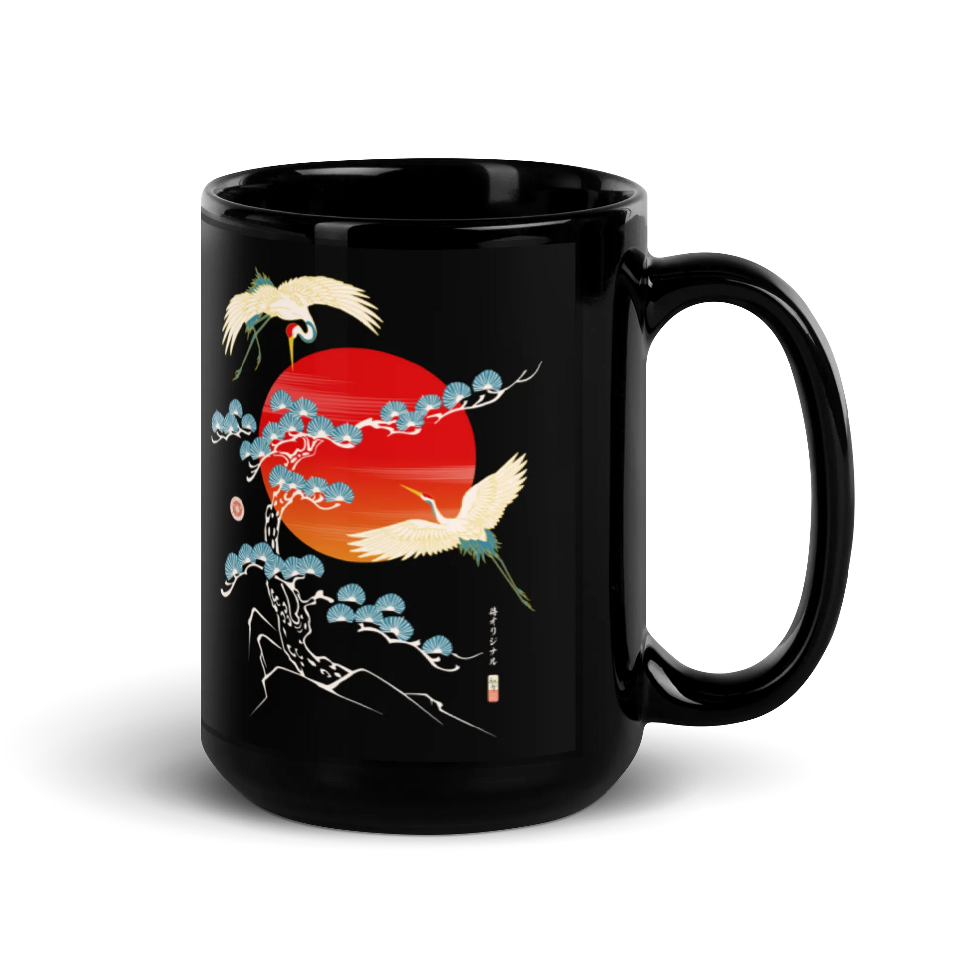 Crane Bird Japanese Ukiyo-e Black Glossy Mug -