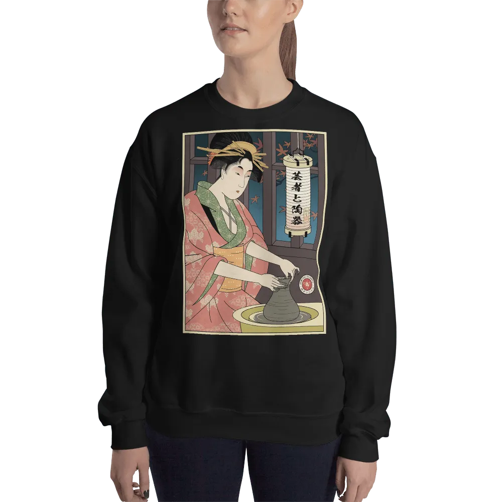 Geisha Pottery Artisan Japanese Ukiyo-e Unisex Sweatshirt - Black / S