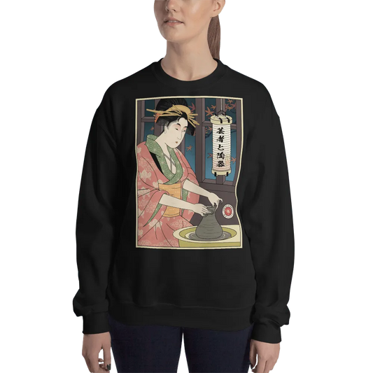 Geisha Pottery Artisan Japanese Ukiyo-e Unisex Sweatshirt - Black / S