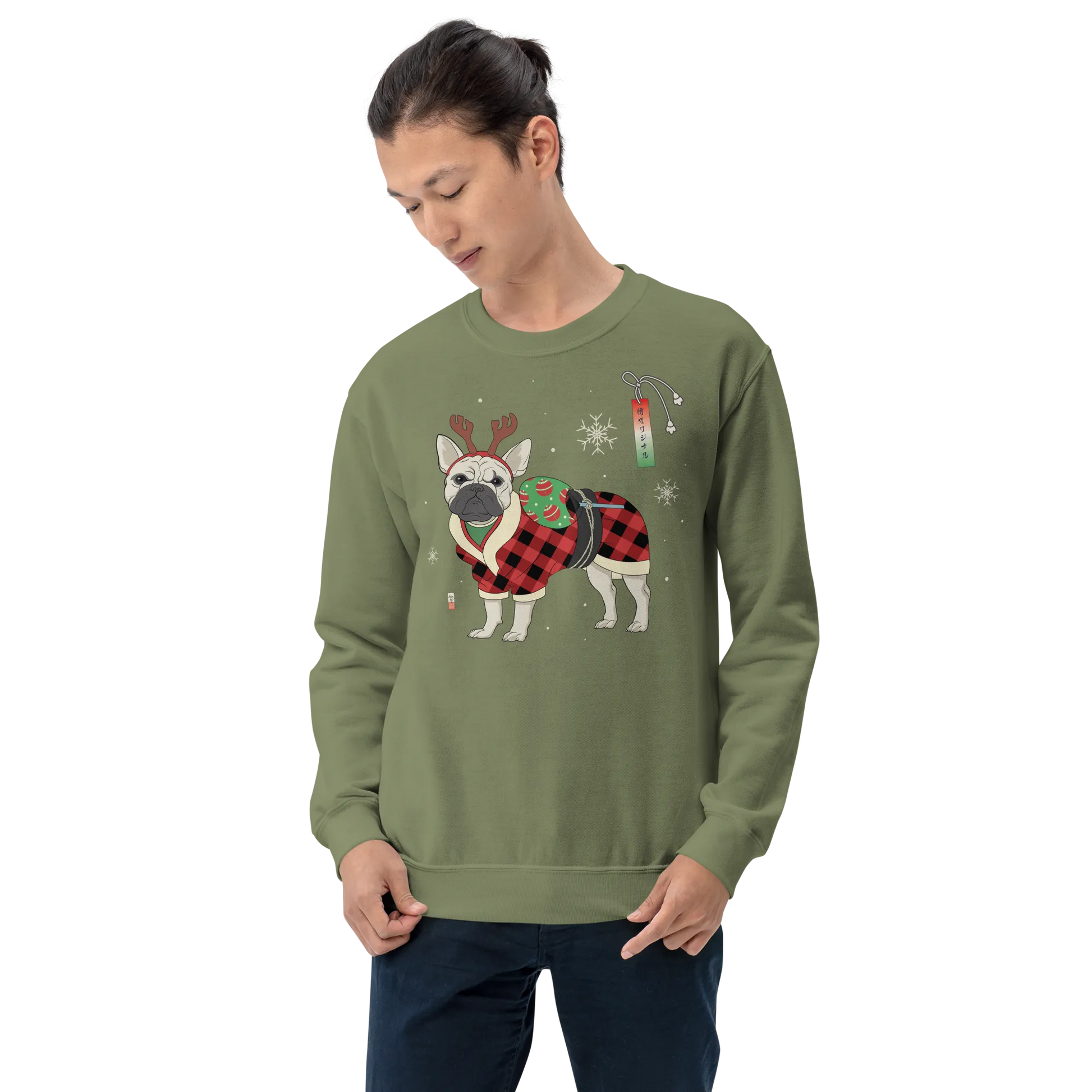 French Bulldog Funny Christmas Japanese Ukiyo-e Unisex Sweatshirt - Military Green / S