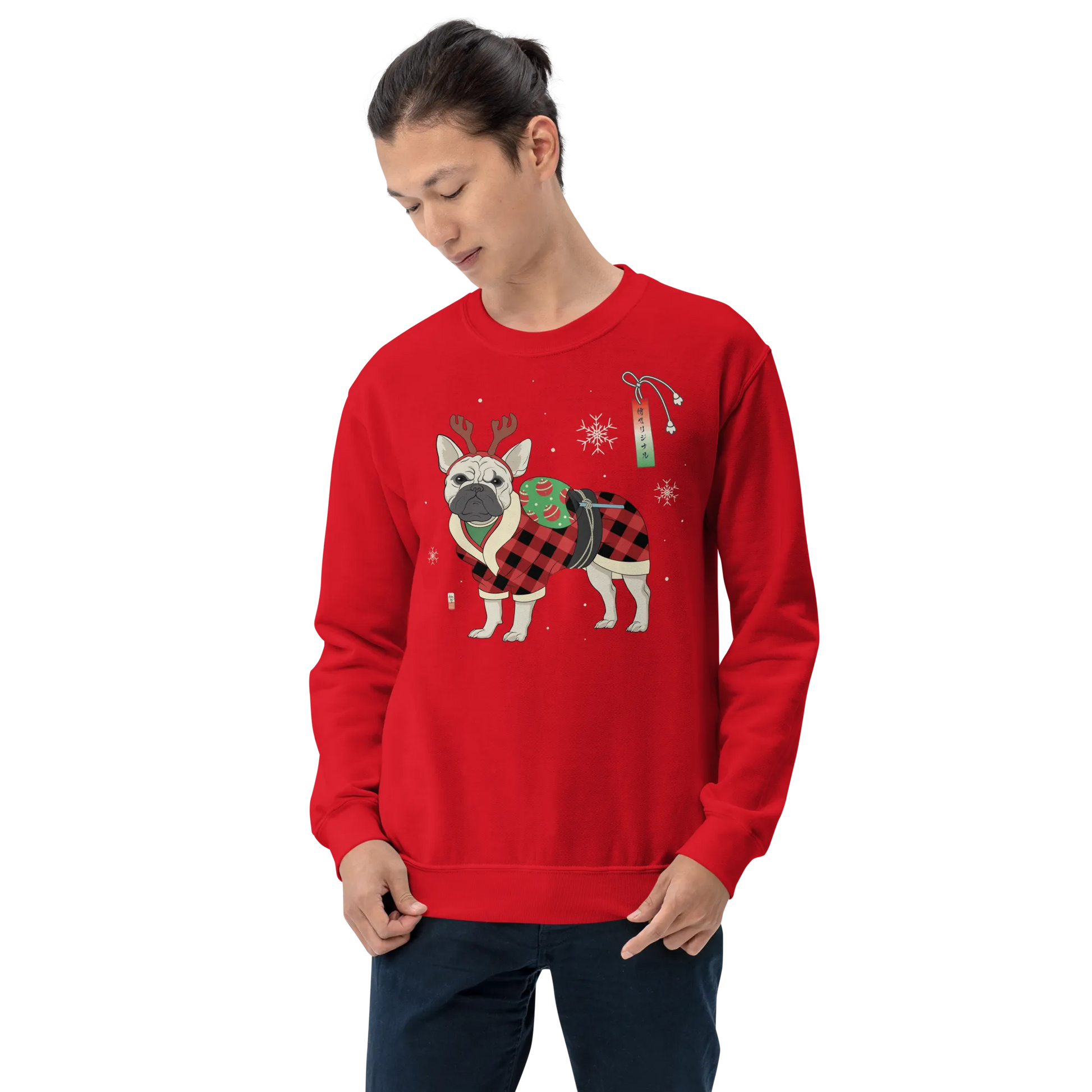 French Bulldog Funny Christmas Japanese Ukiyo-e Unisex Sweatshirt - Red / S