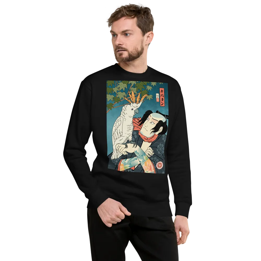 Samurai & Cockatoo Parrot Funny Japanese Ukiyo-e Unisex Fleece Pullover - Samurai Original