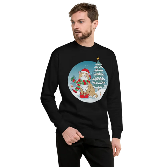 Cat Merry Christmas Japanese Ukiyo-e Unisex Premium Sweatshirt - Black / S