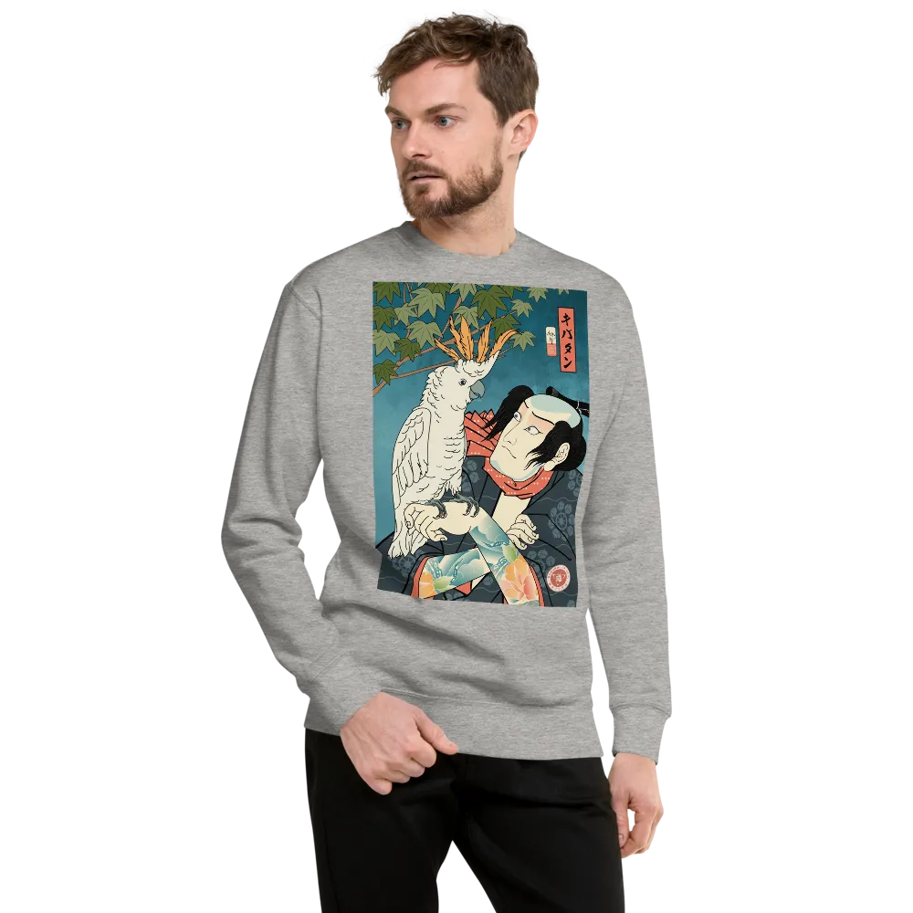 Samurai & Cockatoo Parrot Funny Japanese Ukiyo-e Unisex Fleece Pullover - Samurai Original