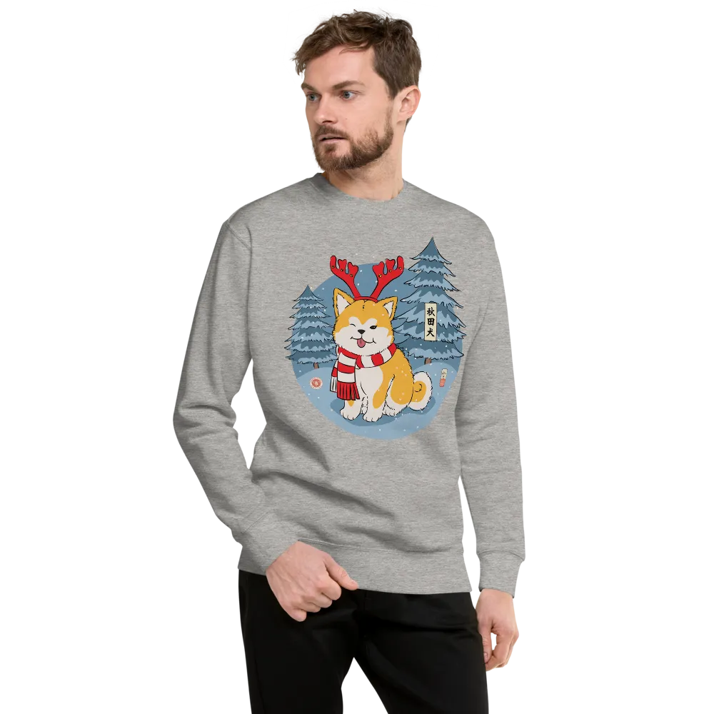 Dog Akita Funny Christmas Japanese Ukiyo-e Unisex Premium Sweatshirt - Carbon Grey / S