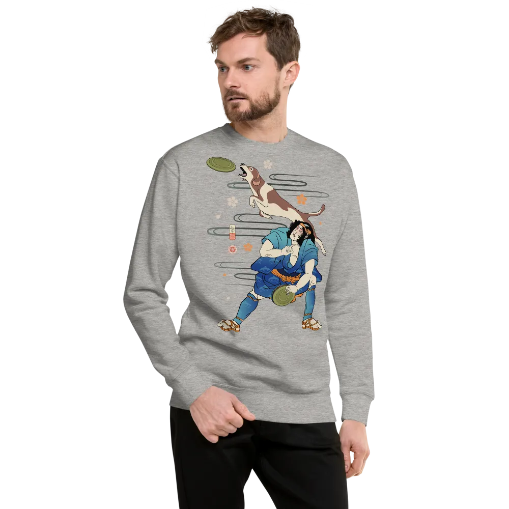 Disc Dog Samurai Japanese Ukiyo-e Unisex Premium Sweatshirt - Carbon Grey / S