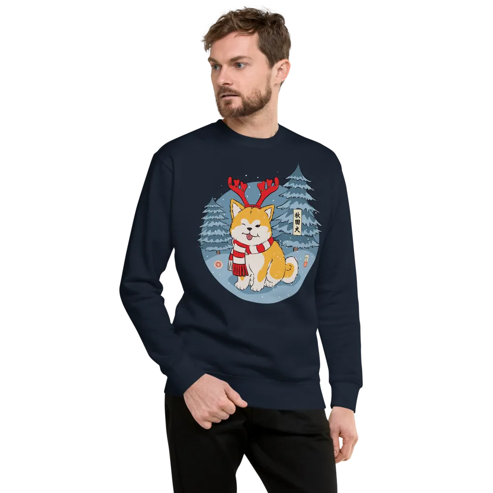 Dog Akita Funny Christmas Japanese Ukiyo-e Unisex Premium Sweatshirt - Navy Blazer / S