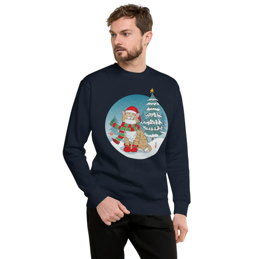 Cat Merry Christmas Japanese Ukiyo-e Unisex Premium Sweatshirt - Navy Blazer / S