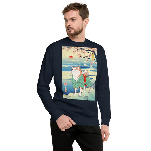 Dog Akita Funny Japanese Ukiyo-e Unisex Premium Sweatshirt - Navy Blazer / S