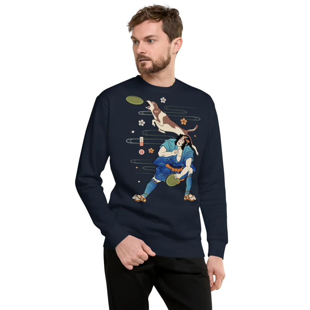 Disc Dog Samurai Japanese Ukiyo-e Unisex Premium Sweatshirt - Navy Blazer / S