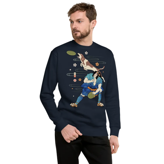 Disc Dog Samurai Japanese Ukiyo-e Unisex Premium Sweatshirt - Navy Blazer / S