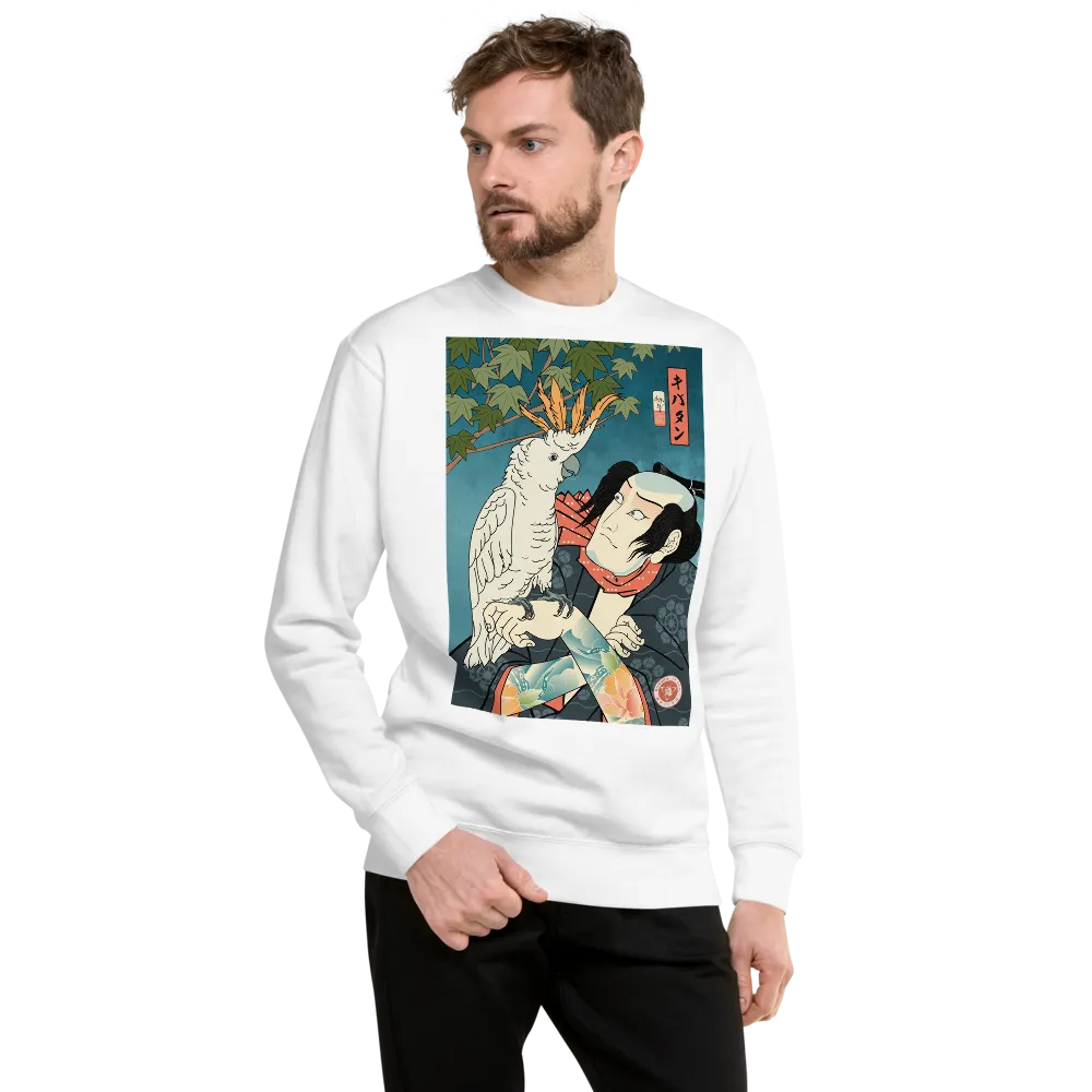 Samurai & Cockatoo Parrot Funny Japanese Ukiyo-e Unisex Fleece Pullover - Samurai Original