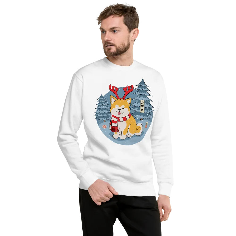 Dog Akita Funny Christmas Japanese Ukiyo-e Unisex Premium Sweatshirt - White / S