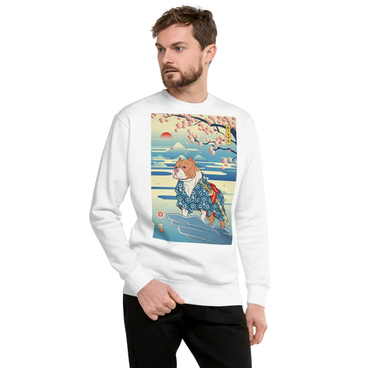 Dog Pitbull Japanese Ukiyo-e Unisex Premium Sweatshirt - White / S