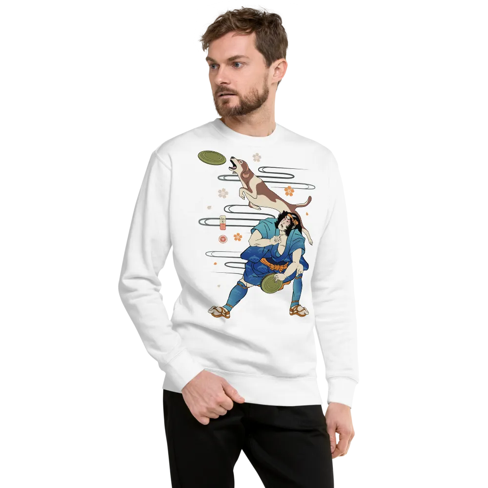 Disc Dog Samurai Japanese Ukiyo-e Unisex Premium Sweatshirt - White / S