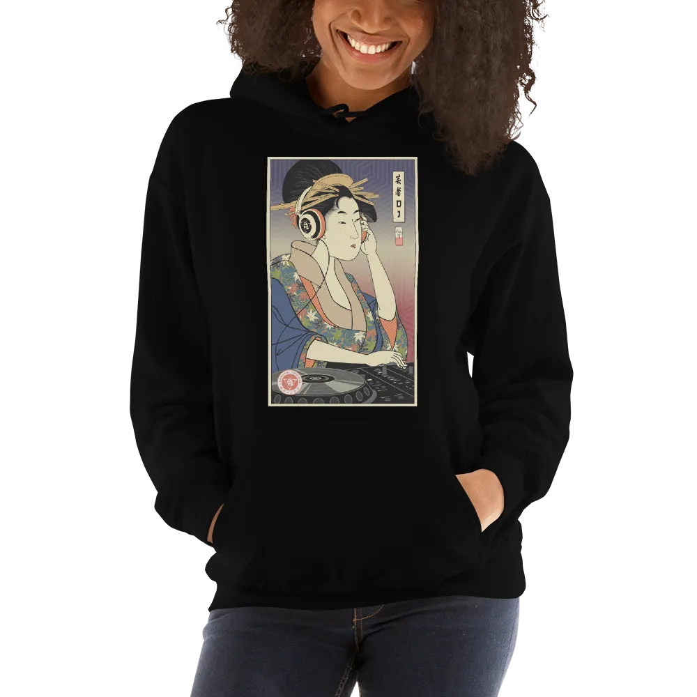 Geisha DJ Turntable Music Japanese Ukiyo-e Unisex Hoodie - Black / S