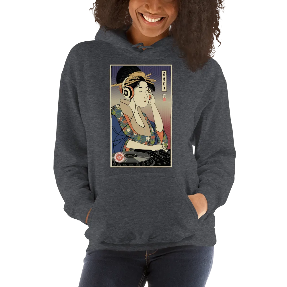 Geisha DJ Turntable Music Japanese Ukiyo-e Unisex Hoodie - Dark Heather / S