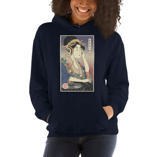 Geisha DJ Turntable Music Japanese Ukiyo-e Unisex Hoodie - Navy / S