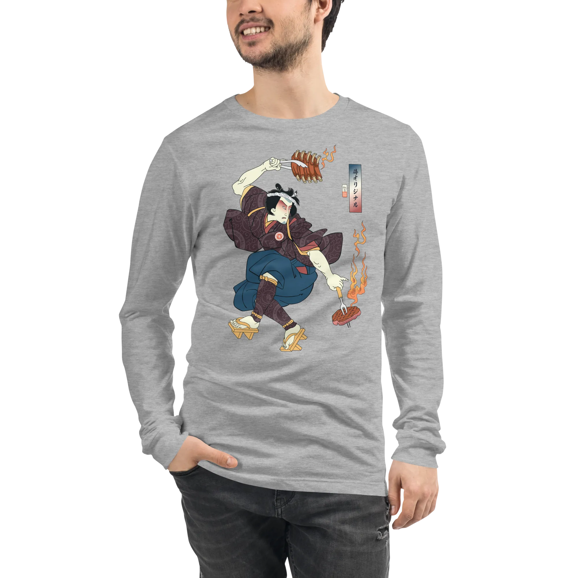 Samurai BBQ Barbecue Funny Ukiyo-e Unisex Long Sleeve Tee - Samurai Original