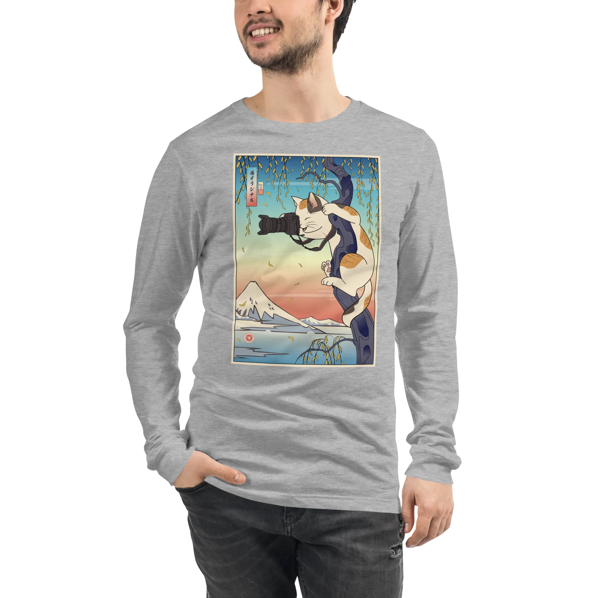 Cat Photographer Funny Japanese Ukiyo-e Unisex Long Sleeve Tee - Athletic Heather / S