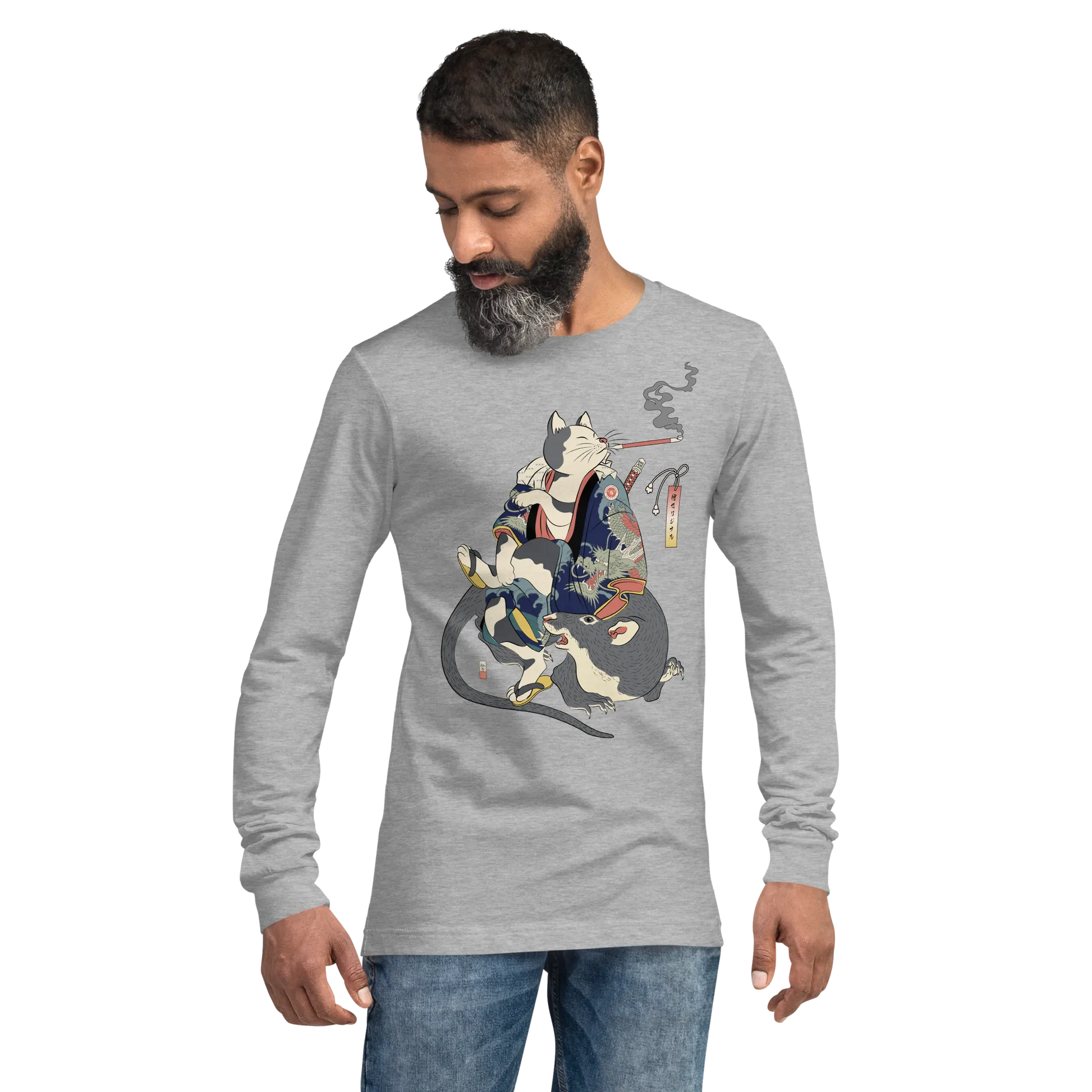 Cat and Mouse Funny Japanese Ukiyo-e Unisex Long Sleeve Tee - Athletic Heather / S