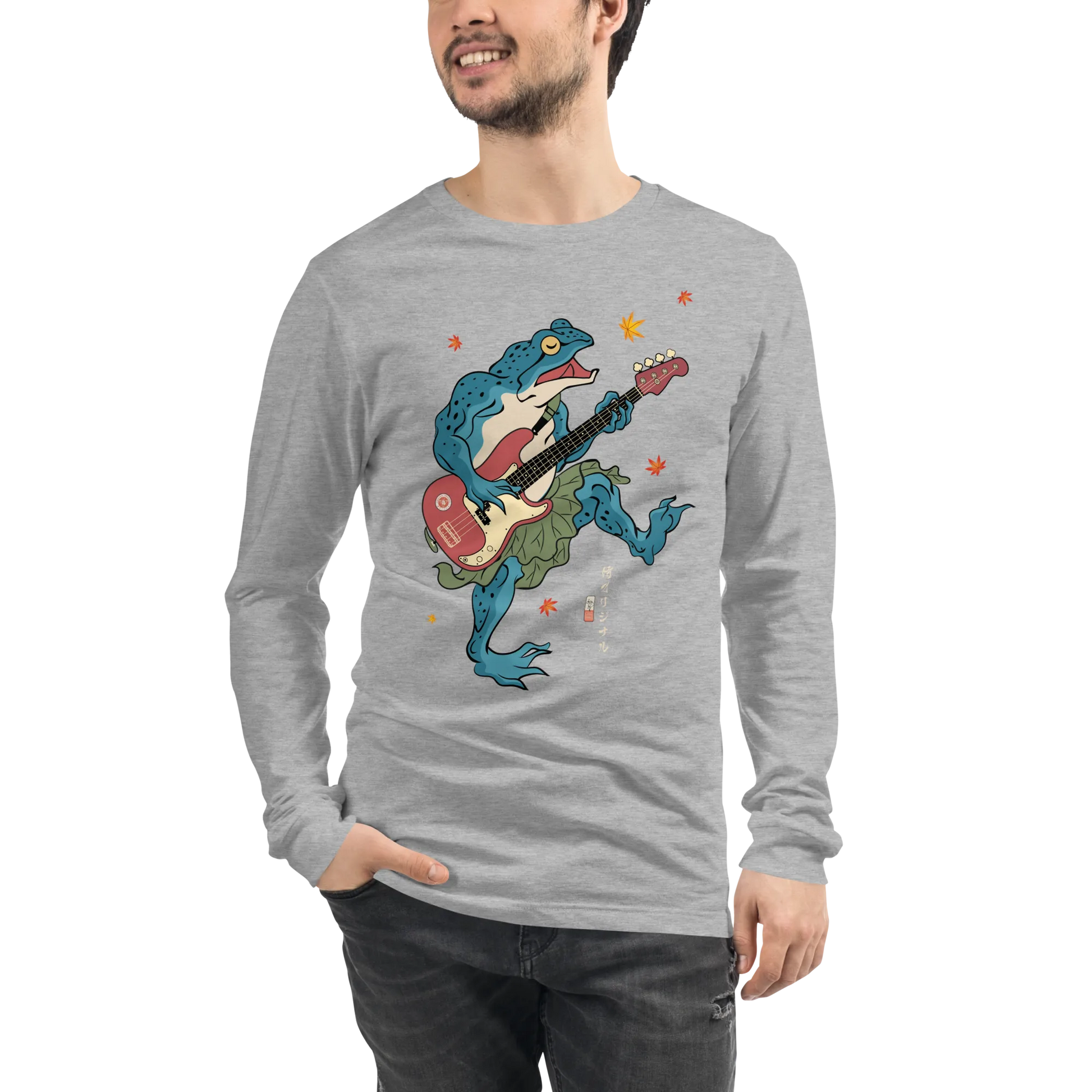 Frog Guitar Bass Funny Japanese Ukiyo-e Unisex Long Sleeve Tee - Athletic Heather / S