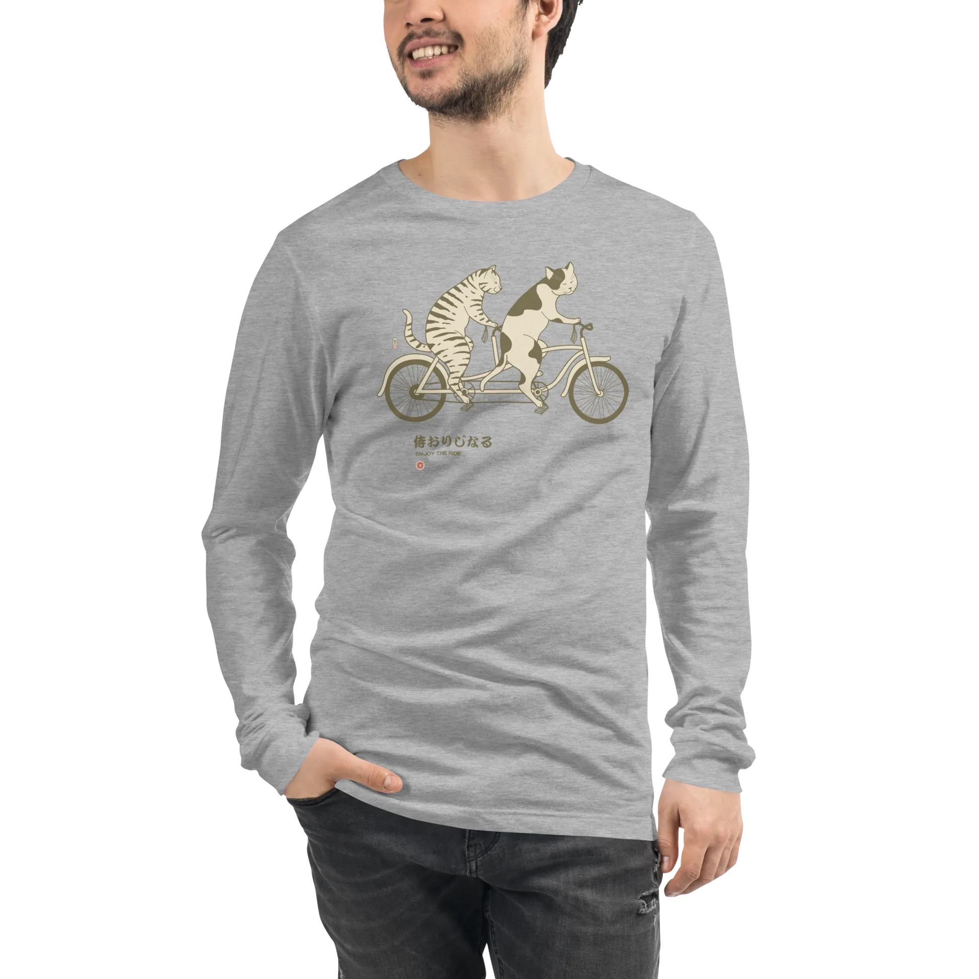 Cat Ride Funny Japanese Ukiyo-e Unisex Long Sleeve Tee - Athletic Heather / S