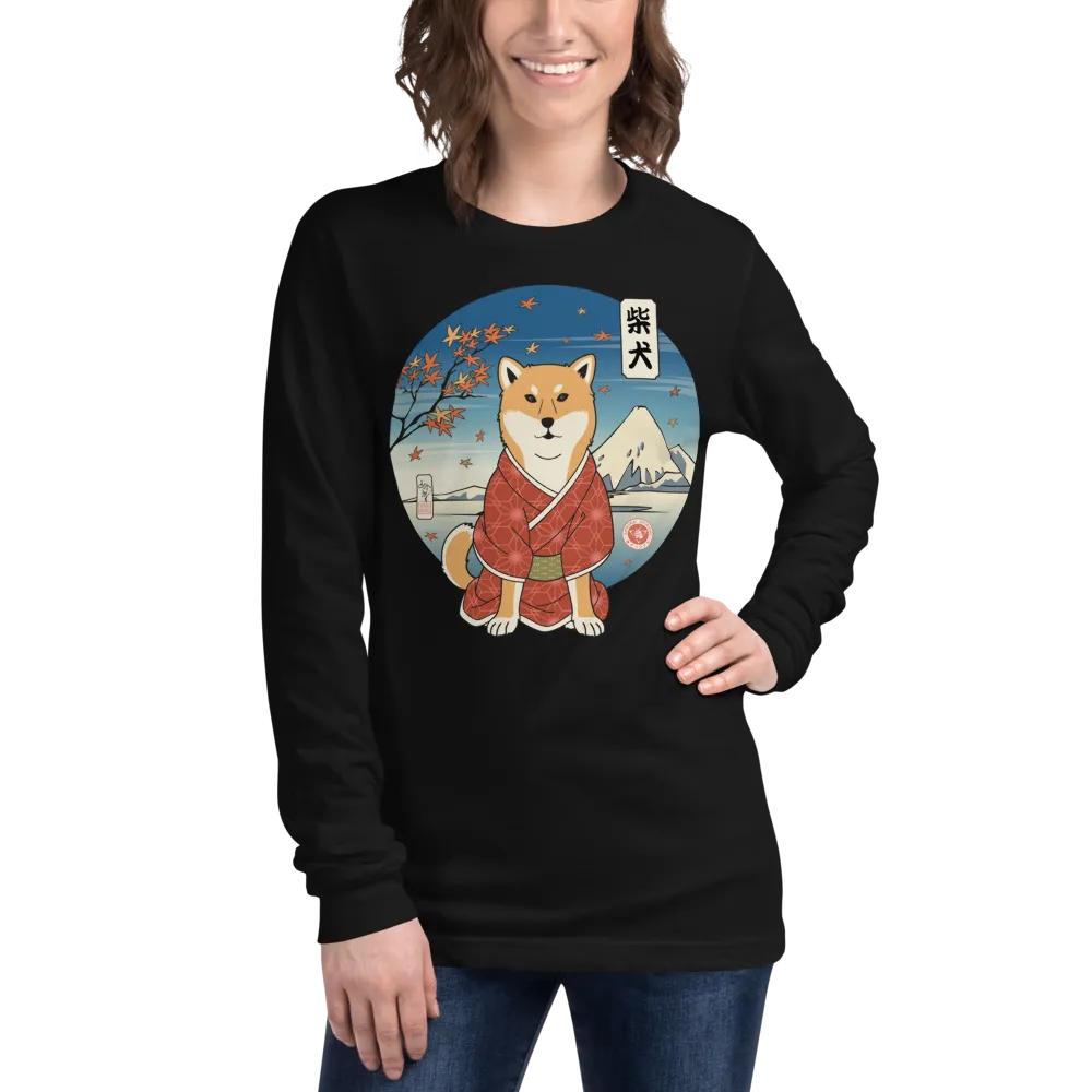 Dog Shiba Inu Funny Japanese Ukiyo-e Unisex Long Sleeve Tee - Black / S