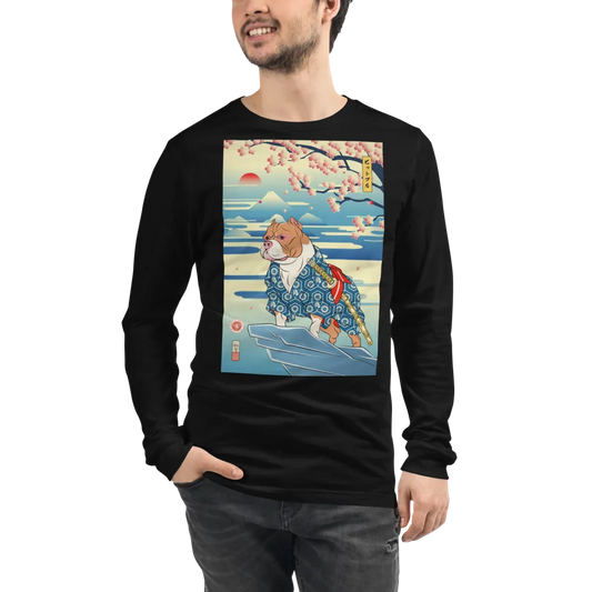 Dog Pitbull Japanese Ukiyo-e Unisex Long Sleeve Tee - Black / S