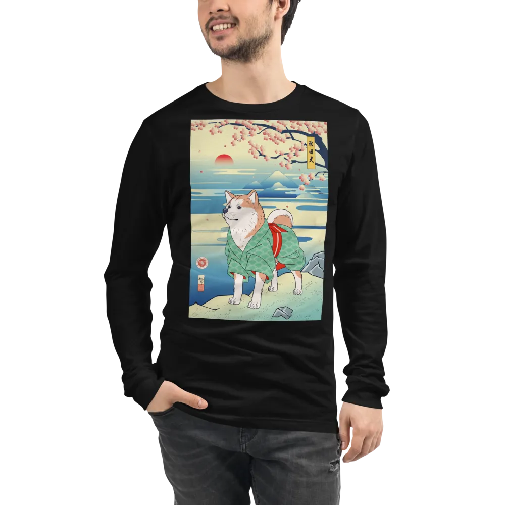 Dog Akita Funny Japanese Ukiyo-e Unisex Long Sleeve Tee - Black / S