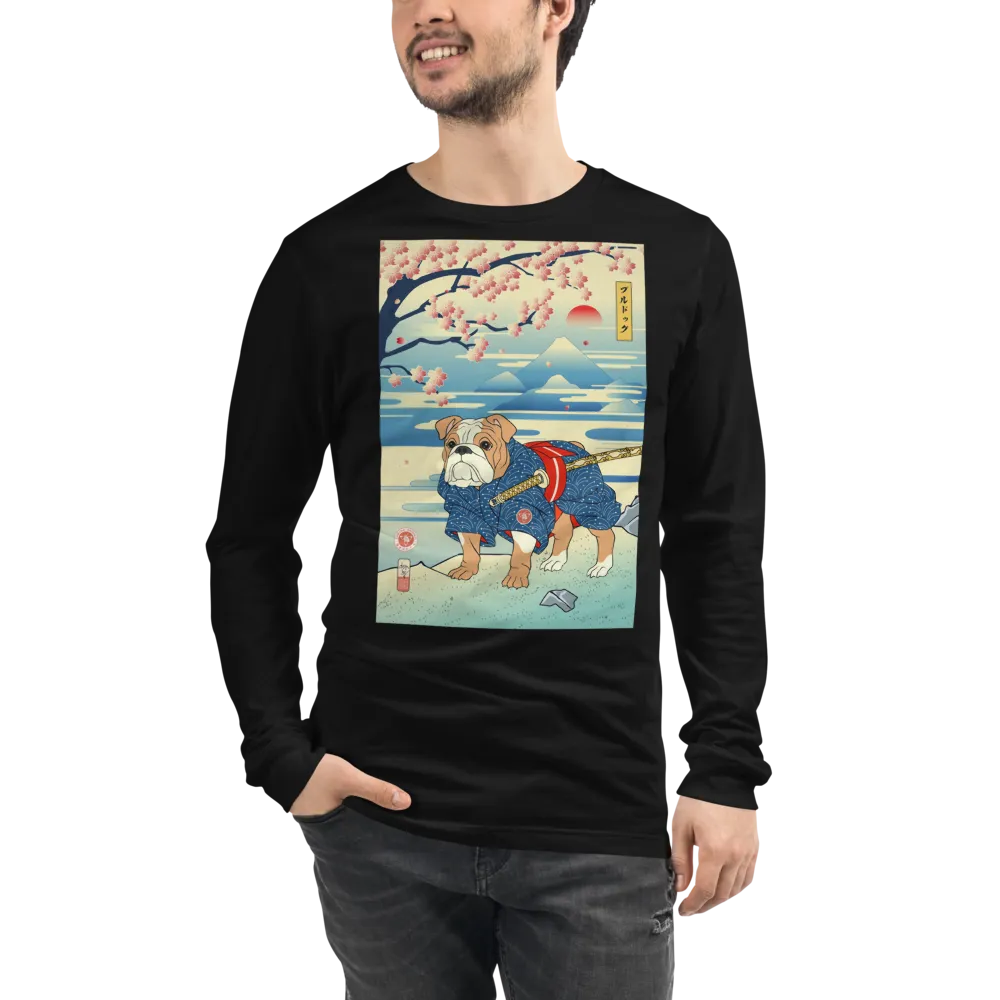 Dog Bulldog Japanese Ukiyo-e Unisex Long Sleeve Tee - Black / S